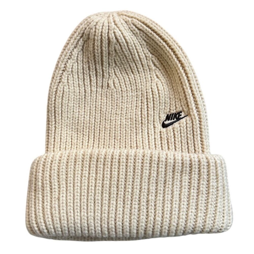 Nike Cream Ribbed Knit Beanie Hat Cuffed Acrylic Unisex Athletic Minimal
